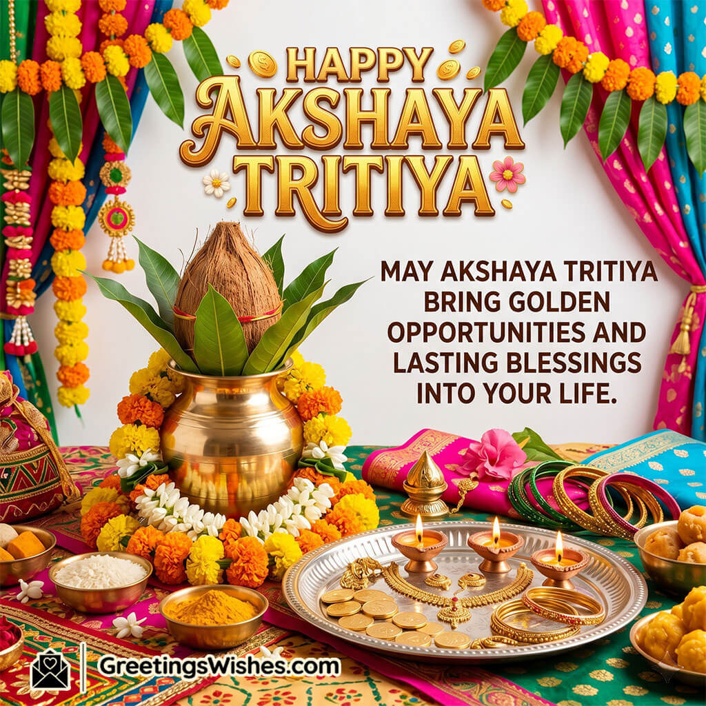 Akshaya Tritiya quote image featuring kalash, diyas, gold jewellery, turmeric, and festive elements symbolising blessings, opportunities, and prosperity.