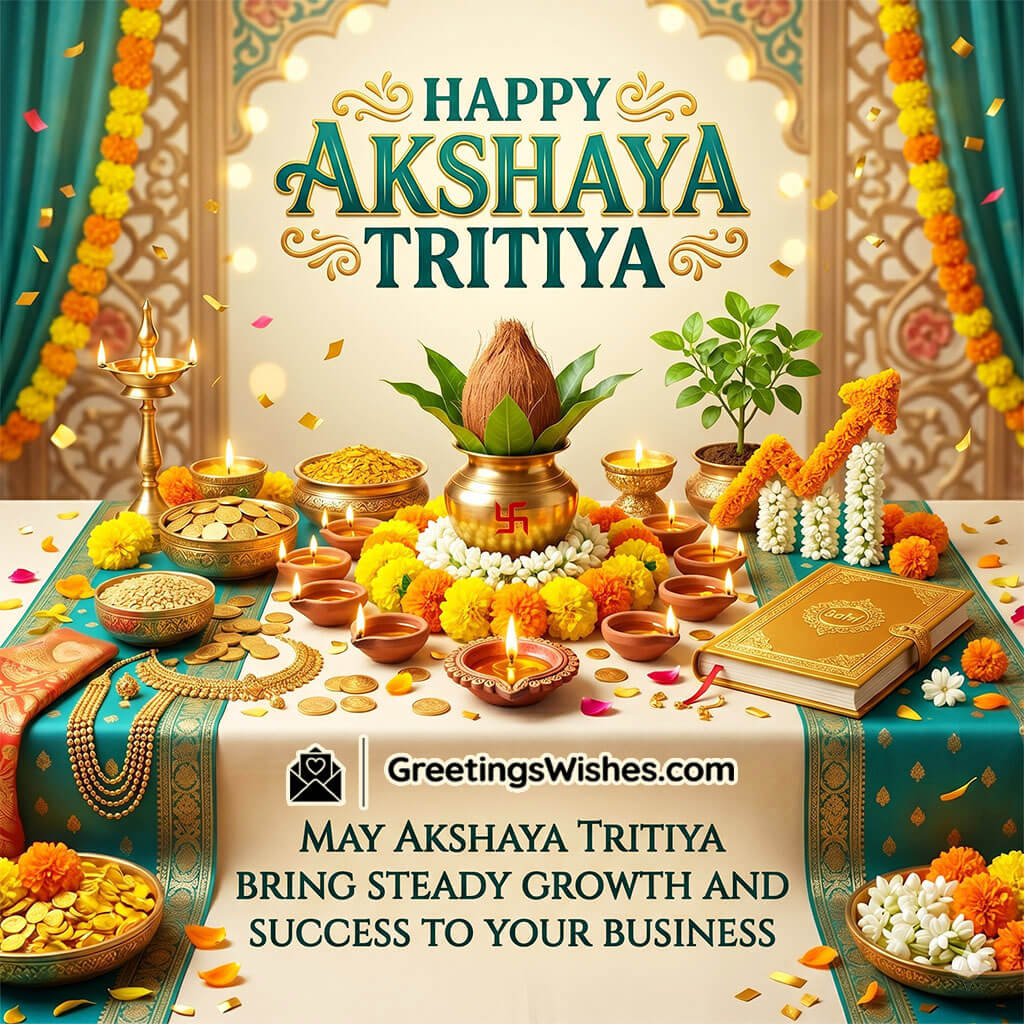 Akshaya Tritiya business greetings image featuring kalash, gold coins, jewellery, diyas, and festive setup symbolising growth, success, and prosperity in business.