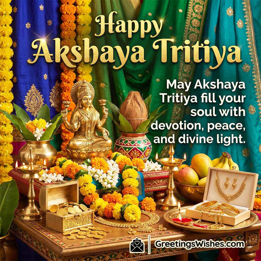 Akshaya Tritiya devotional wishes image showing Lakshmi idol, kalash, flowers, fruits, and gold ornaments symbolising devotion, peace, and divine light.