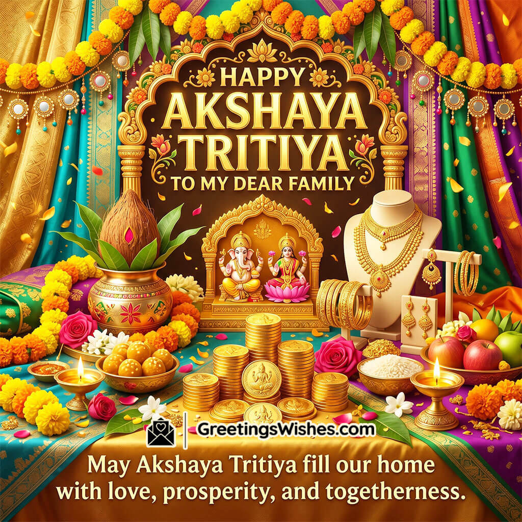 Akshaya Tritiya family wishes image featuring Lakshmi and Ganesha idols, gold coins, jewellery, sweets, and festive decor symbolising togetherness and prosperity.