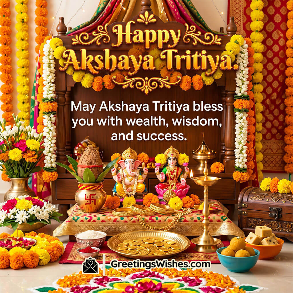 Akshaya Tritiya festival wishes image showing decorated mandir, idols of Lakshmi and Ganesha, gold coins, and rangoli symbolising wealth and success.