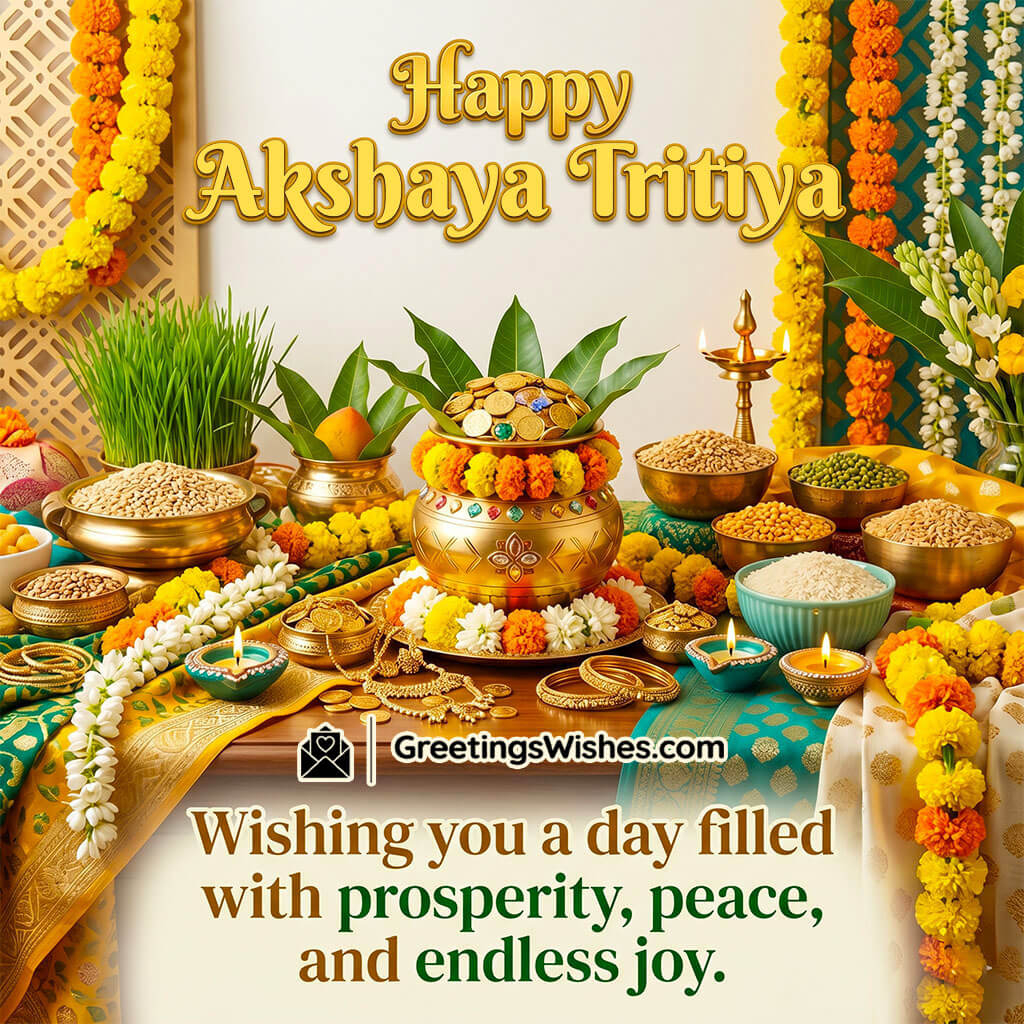 Akshaya Tritiya greeting card image showing kalash, grains, flowers, sweets, and festive arrangement symbolising joy, blessings, and traditional celebration.