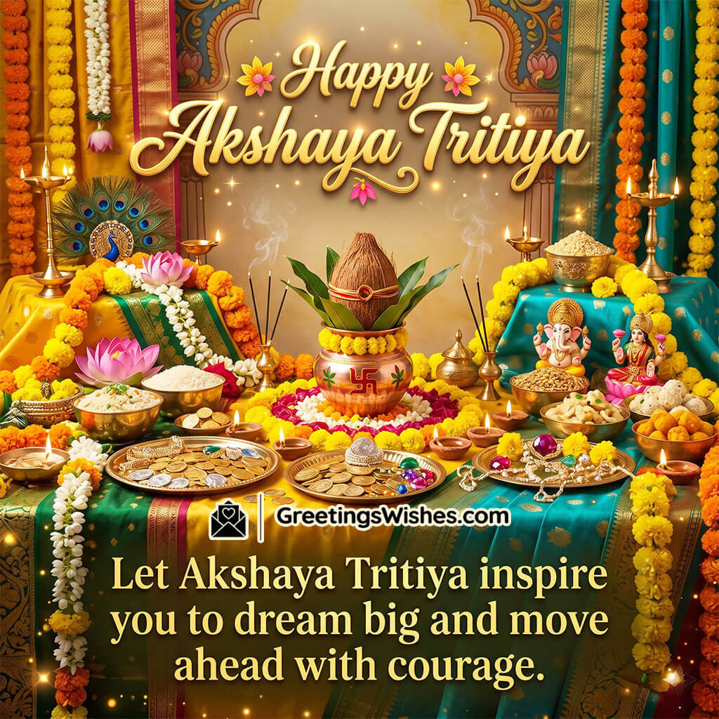 Akshaya Tritiya inspirational quote image showing festive altar with diyas, flowers, and sacred setup symbolising motivation, courage, and positive new beginnings.