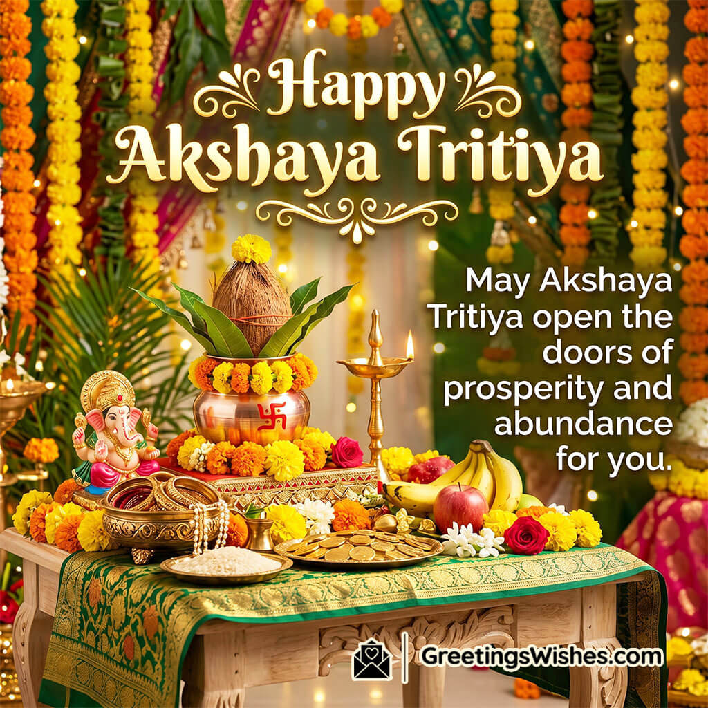 Akshaya Tritiya message image featuring kalash with coconut, gold ornaments, fruits, and flowers symbolising abundance, prosperity, and auspicious beginnings.