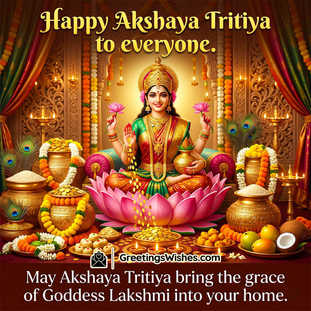Akshaya Tritiya religious verse image featuring Goddess Lakshmi, lotus, gold coins, and traditional decor symbolising divine blessings, faith, and spiritual prosperity.