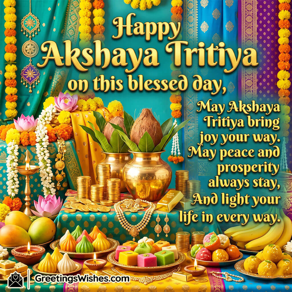 Akshaya Tritiya SMS message image featuring kalash, sweets, fruits, gold coins, and festive decor symbolising happiness, prosperity, and short festive greetings.