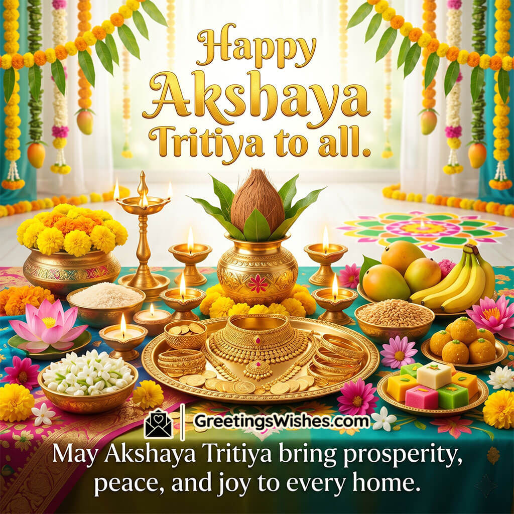 Akshaya Tritiya inspirational quote image showing festive altar with diyas, flowers, and sacred setup symbolising motivation, courage, and positive new beginnings.