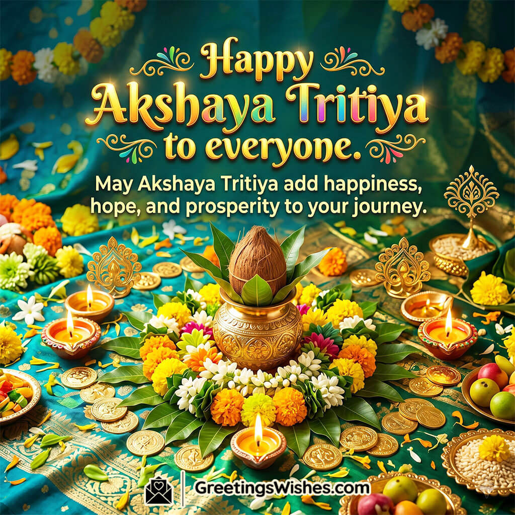 Akshaya Tritiya status update image featuring decorated kalash, diyas, flowers, and gold elements symbolising happiness, prosperity, and festive vibes for sharing.