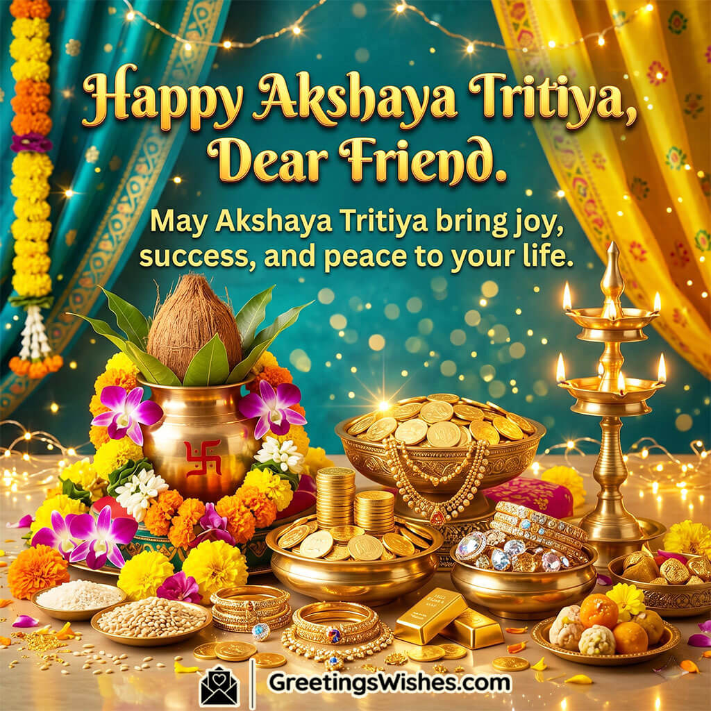 Akshaya Tritiya wishes image for friends featuring kalash, gold coins, jewellery, diyas, and flowers symbolising joy, success, and celebration.