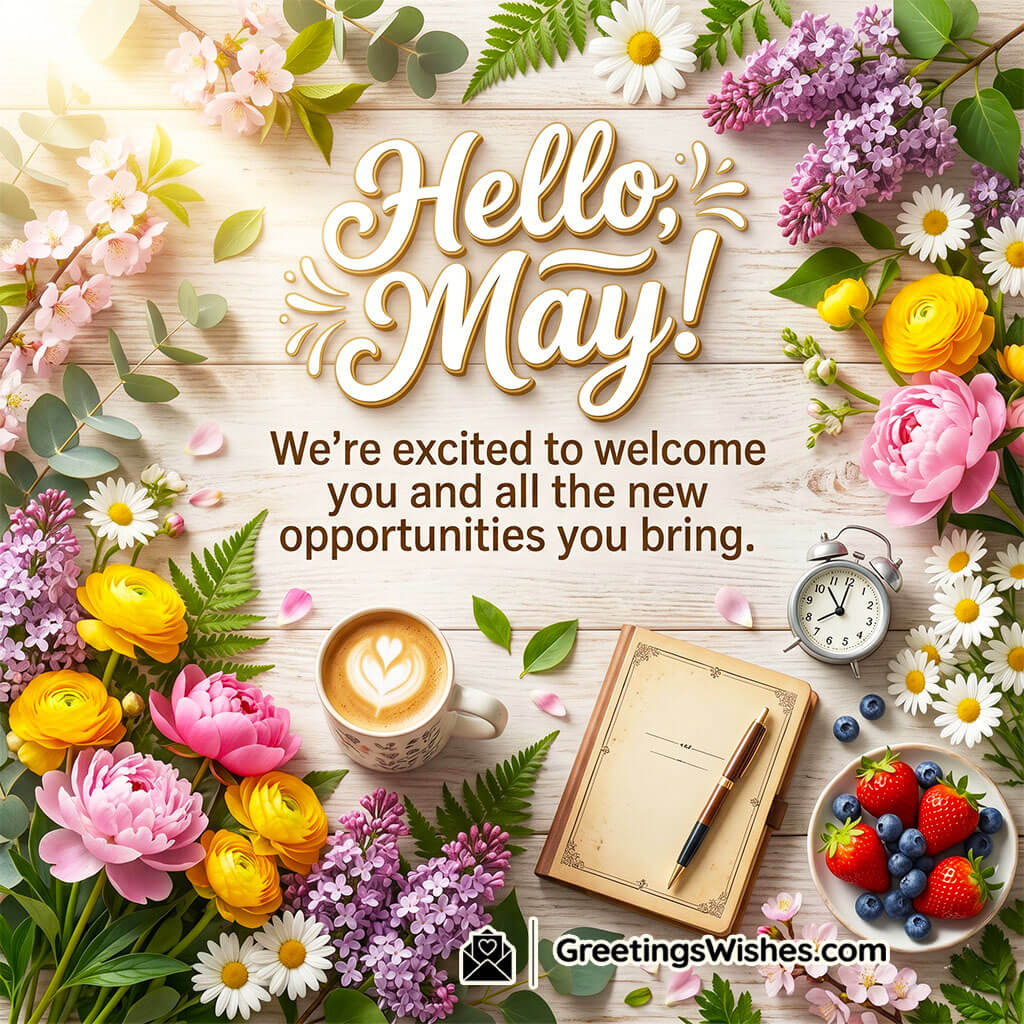 Bright Hello May Greeting Image featuring floral arrangement, coffee cup, notebook, and fresh fruits on wooden background symbolizing new opportunities, positivity, and a fresh start.