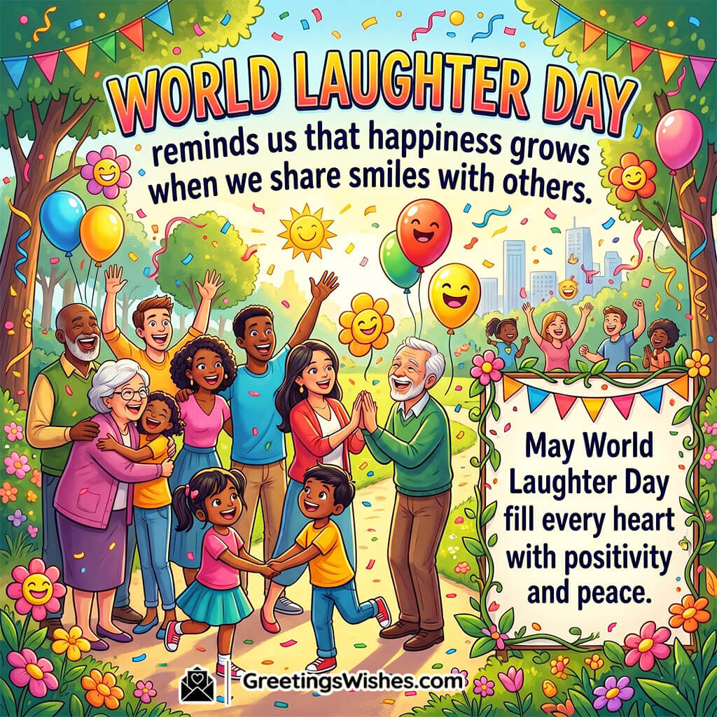 Bright Positivity World Laughter Day Message Image featuring cheerful people celebrating together with balloons, confetti, and smiling faces symbolizing optimism, joy, and positive energy.