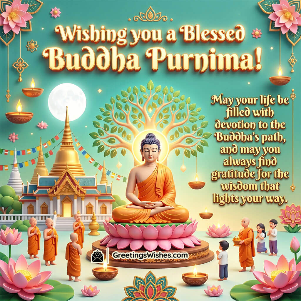 Devotion Glow Buddha Purnima Blessing Image featuring Buddha idol with devotees, temple setting, lotus platform, and diya lights symbolizing gratitude, faith, and spiritual devotion.