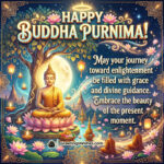 Divine Light Buddha Purnima Wish Image featuring Lord Buddha meditating under a sacred tree with glowing lamps, lotus flowers, and peaceful surroundings symbolizing enlightenment, grace, and spiritual awakening.