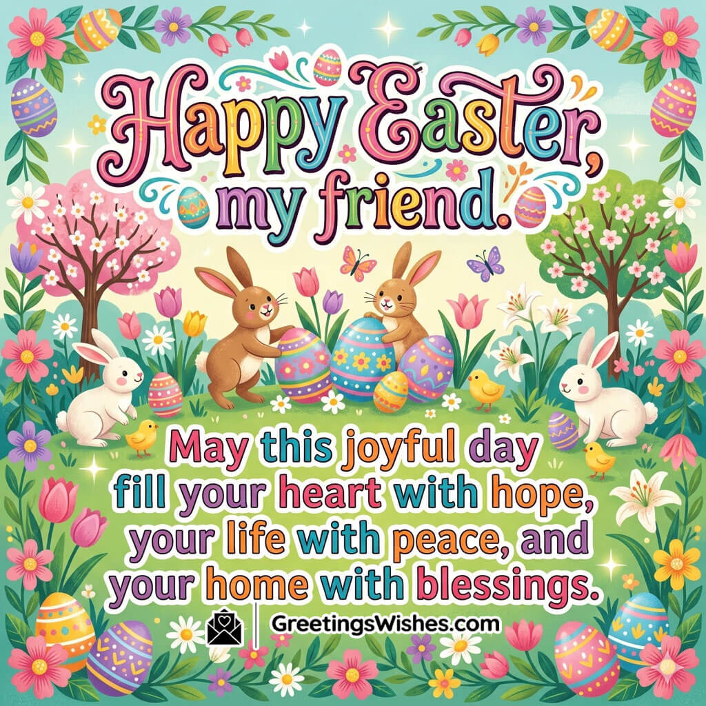 Easter friends wishes image showing playful rabbits, colourful eggs, flowers, and bright garden symbolising friendship, joy, and celebration.