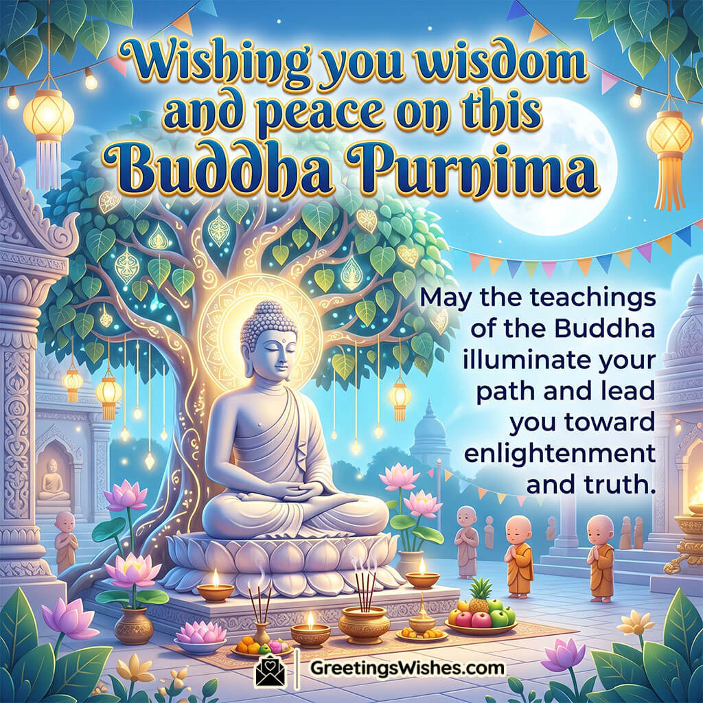 Enlightened Path Buddha Purnima Message Image featuring Buddha meditating under sacred tree with monks, temple architecture, and glowing lanterns symbolizing wisdom, truth, and spiritual awakening.