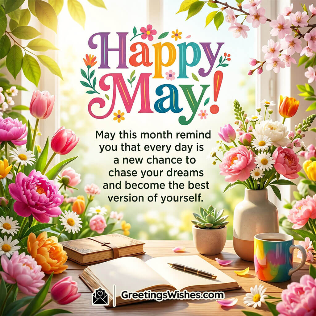 Fresh Start Inspirational May Message Image featuring blooming flowers, open notebook, and warm sunlight symbolizing motivation, growth, and new beginnings.