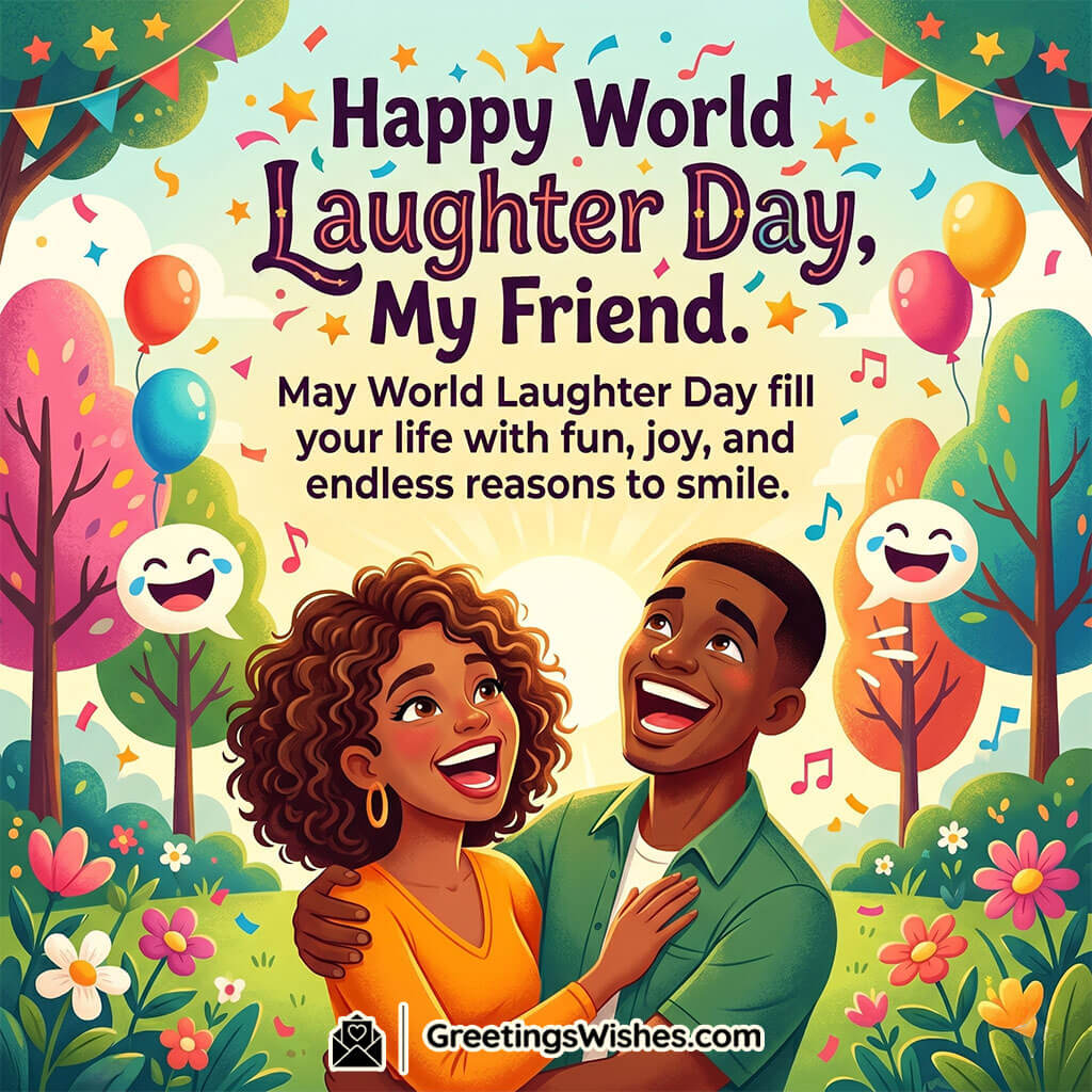 Fun and Friendship World Laughter Day Wishes Image featuring friends enjoying laughter in a colorful park setting with balloons and music elements symbolizing joy, friendship, and carefree moments.