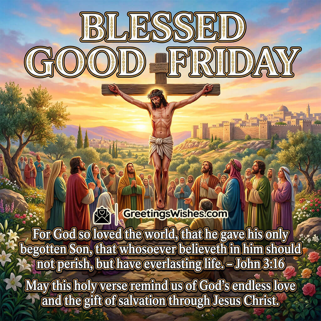 Good Friday Bible verse image featuring Jesus on cross with disciples and scripture text symbolising sacrifice, salvation, and God’s love.