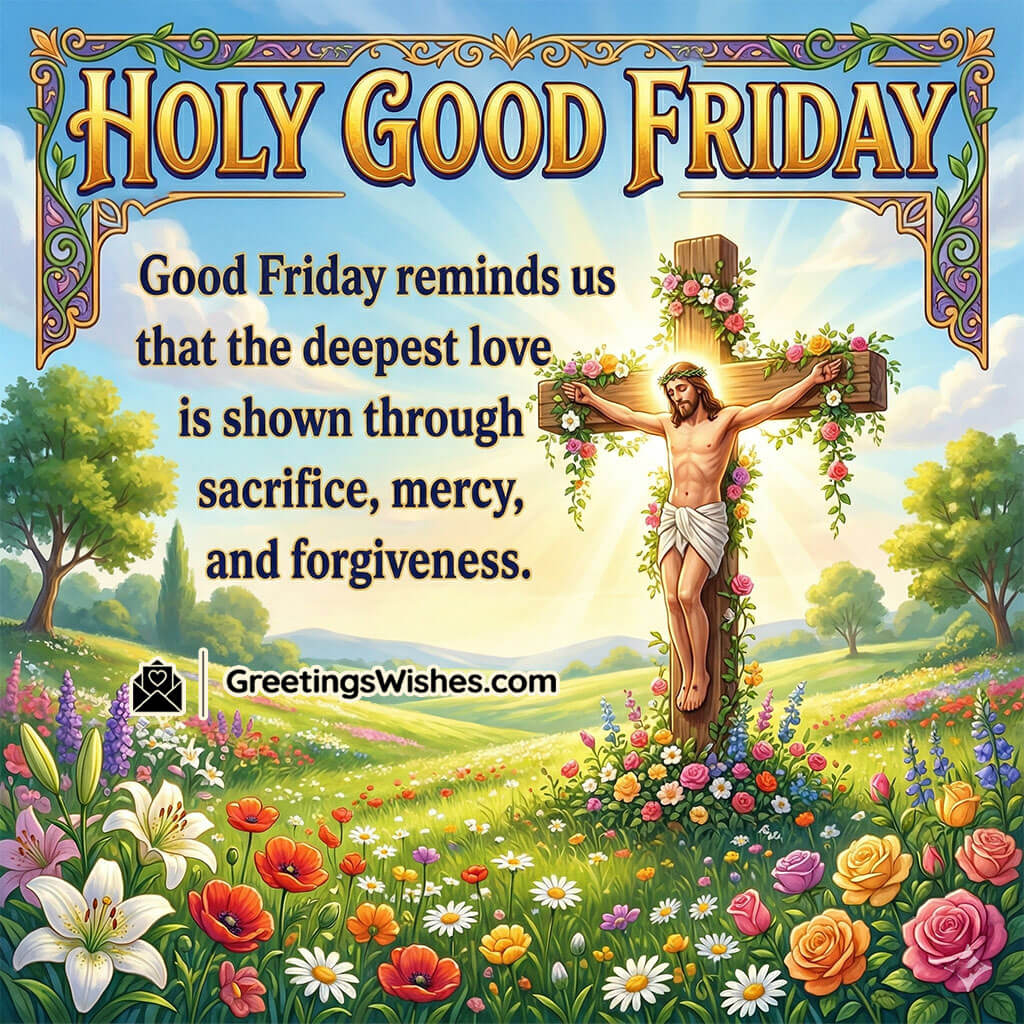 Good Friday quote image showing floral cross in a peaceful field with soft sunlight symbolising forgiveness, mercy, and deep spiritual reflection.