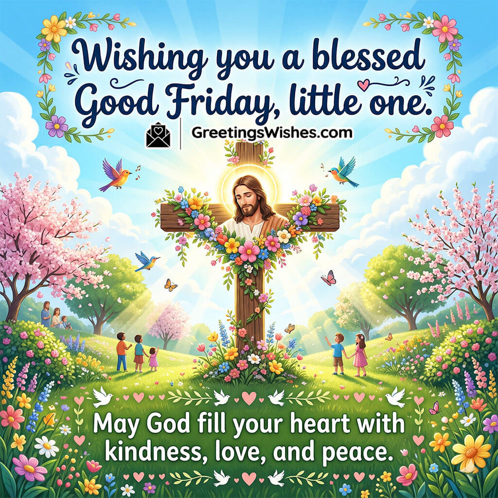 Good Friday children wishes image showing floral cross with kids, birds, and bright garden symbolising innocence, joy, and faith.