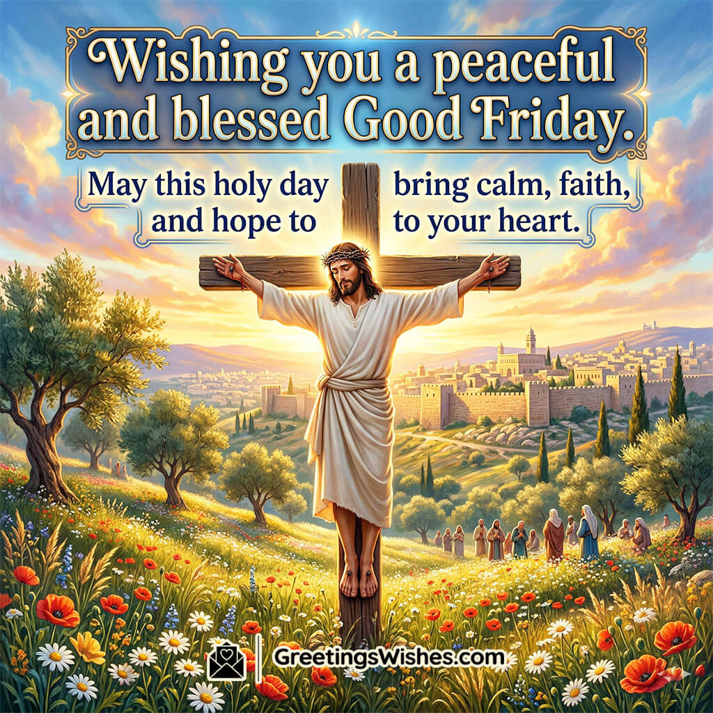 Good Friday colleagues wishes image featuring cross with sunrise, landscape, and flowers symbolising peace, positivity, and shared blessings.