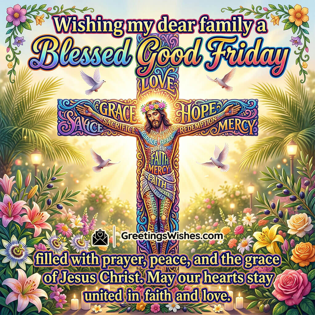 Good Friday family wishes image featuring decorated cross with symbolic words, flowers, and peaceful background representing unity, faith, and love.