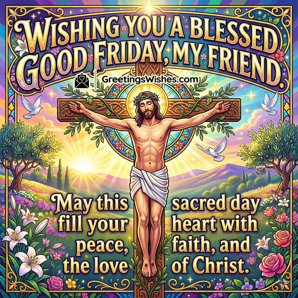 Good Friday friends wishes image showing Jesus on cross with glowing sky and flowers symbolising friendship, faith, and divine love.