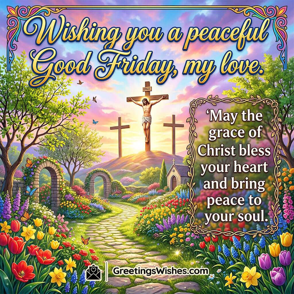 Good Friday love wishes image showing cross on hill with soft sky, flowers, and calm path symbolising love, grace, and heartfelt blessings.