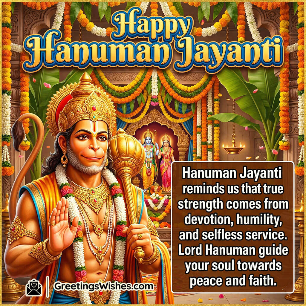 Hanuman Jayanti inspirational image featuring Lord Hanuman with temple decor and sacred setting symbolising devotion, humility, selfless service, and spiritual guidance.