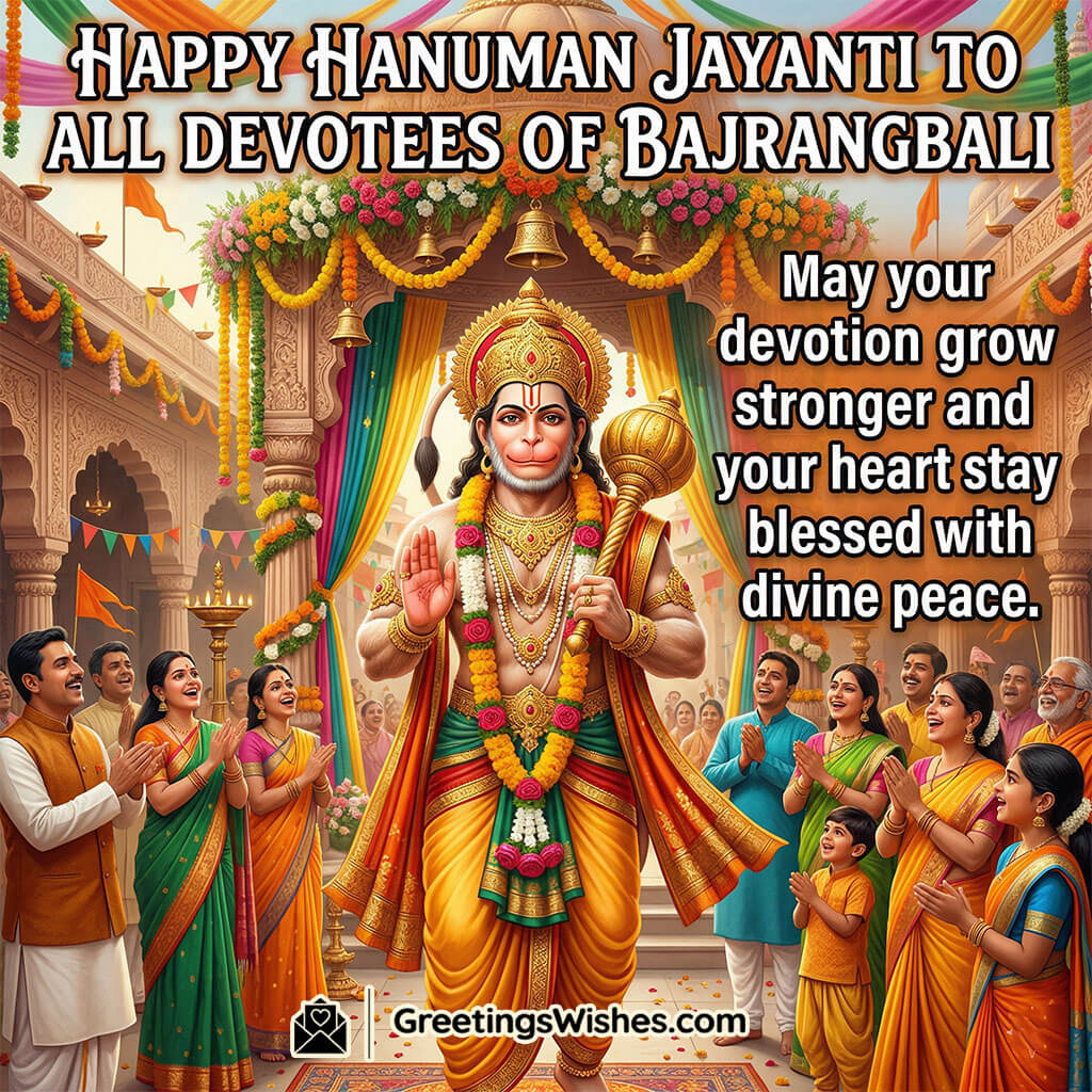 Hanuman Jayanti image featuring Lord Hanuman standing among devotees with festive decorations symbolising devotion, unity, divine peace, and spiritual blessings.