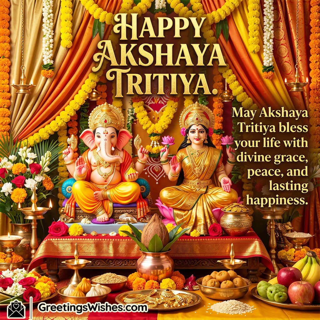 Happy Akshaya Tritiya wishes image showing Lakshmi and Ganesha with marigold garlands, diyas, fruits, and festive setup symbolising divine grace and happiness.