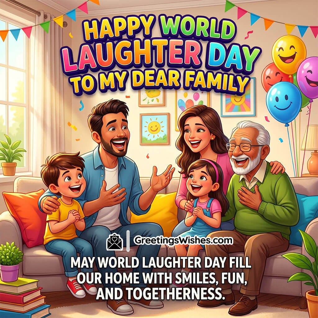 Happy Family Moments World Laughter Day Message Image featuring a cheerful family laughing together at home with balloons and bright decor symbolizing togetherness, love, and joyful bonding.