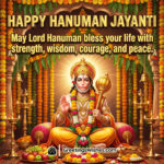 Hanuman Jayanti blessing image featuring Lord Hanuman seated with gada, surrounded by marigold decorations and temple setup symbolising strength, wisdom, courage, and peace.