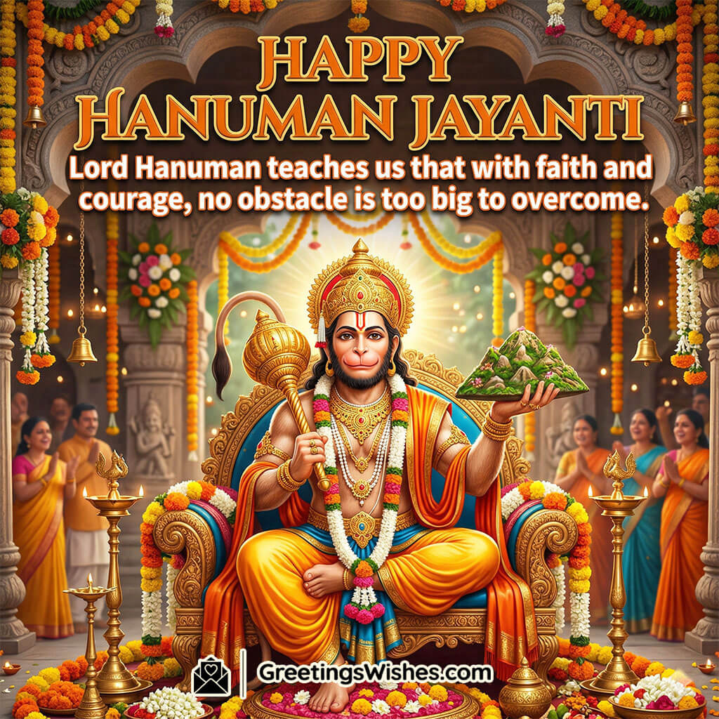 Hanuman Jayanti quote featuring Lord Hanuman holding mountain and gada with devotees in temple symbolising faith, courage, power, and overcoming obstacles.