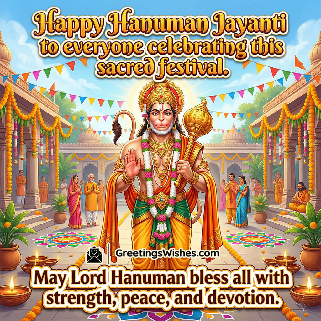 Hanuman Jayanti celebration image featuring Lord Hanuman in temple courtyard with rangoli, diyas, and devotees symbolising joy, strength, peace, and sacred festival spirit.