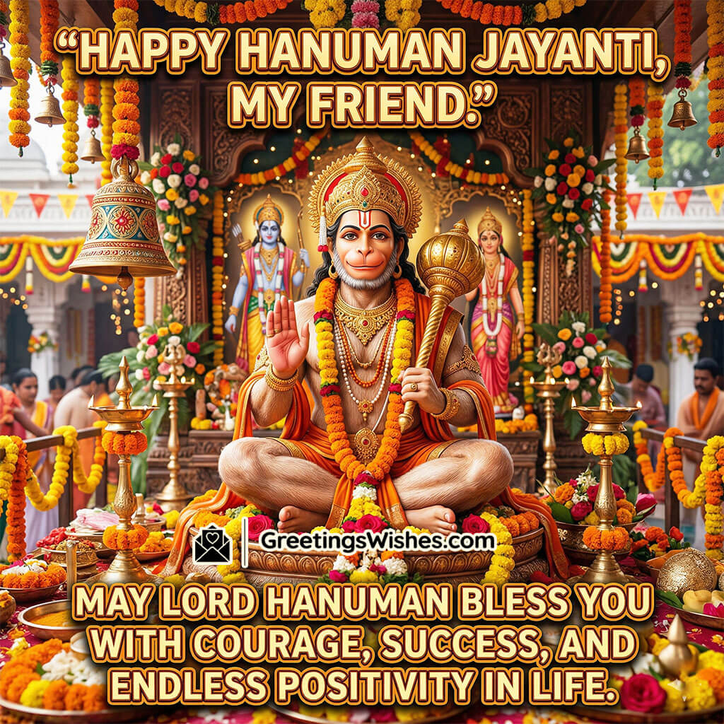 Hanuman Jayanti greeting for friend featuring Lord Hanuman in decorated temple with devotees and flowers symbolising courage, success, positivity, and divine blessings.