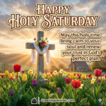 Holy Saturday wishes image featuring cross with white cloth, flowers, and sunrise rays symbolising peace, hope, and spiritual renewal.