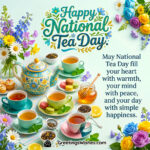 National Tea Day wishes image featuring teapot, cups of tea, flowers, macarons, and honey jar creating a warm and cheerful tea-time setup.