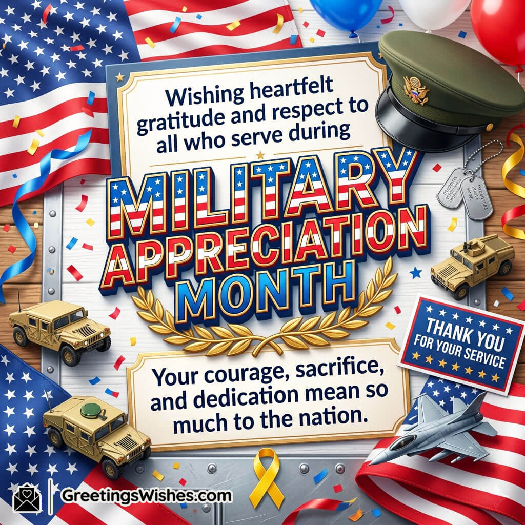 Heartfelt Military Appreciation Month Wishes Image featuring patriotic elements like flag, army cap, dog tags, and military vehicles symbolizing gratitude, respect, and national pride.