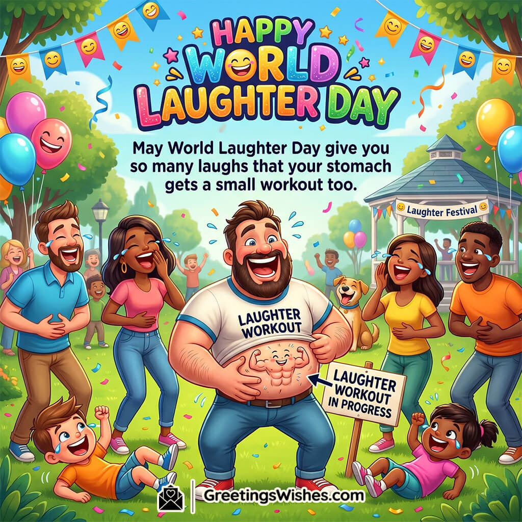 Hilarious World Laughter Day Fun Message Image featuring playful characters laughing loudly with humorous expressions and festive background symbolizing fun, comedy, and lighthearted joy.
