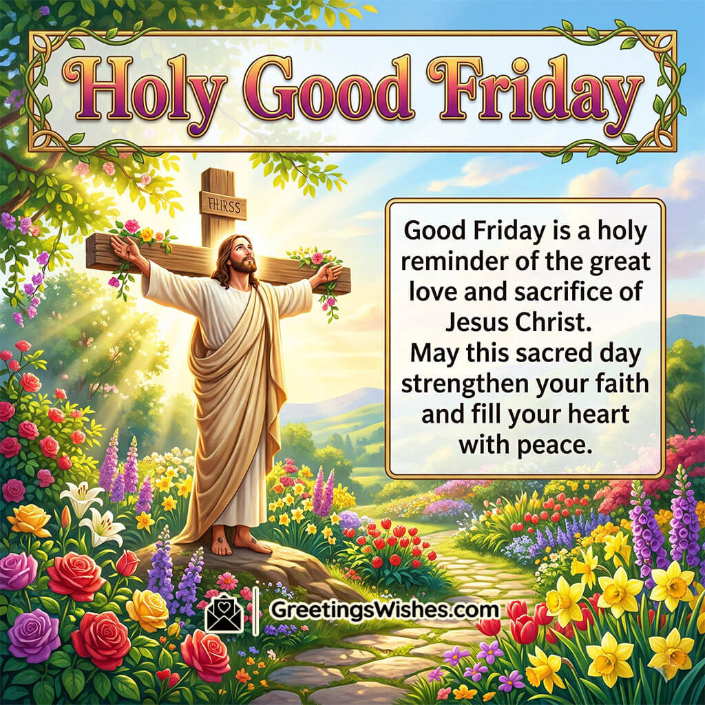 Good Friday message image showing Jesus with cross in a peaceful garden with flowers and light symbolising faith, love, and spiritual strength.