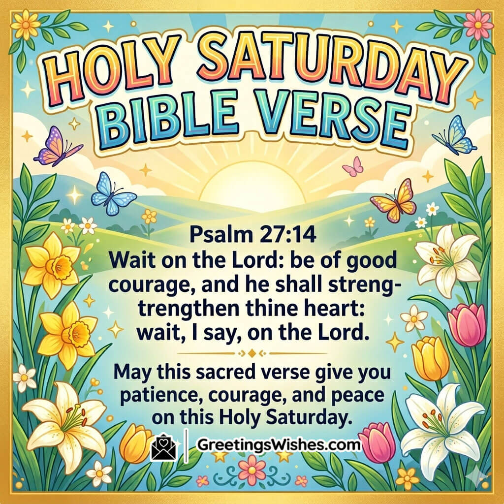 Holy Saturday Bible verse image featuring sunrise, flowers, and scripture text symbolising patience, courage, and trust in God.