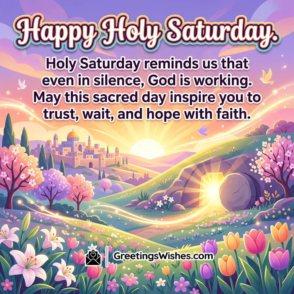 Holy Saturday inspirational image showing glowing empty tomb, soft sunrise, and flowers symbolising hope, faith, and divine promise.