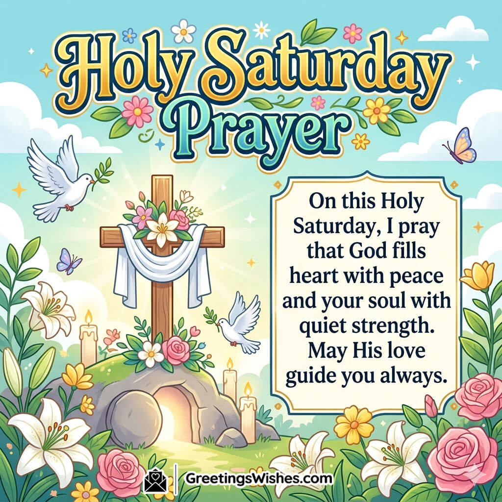 Holy Saturday prayer message image featuring decorated cross, candles, doves, and soft sky symbolising prayer, faith, and inner peace.