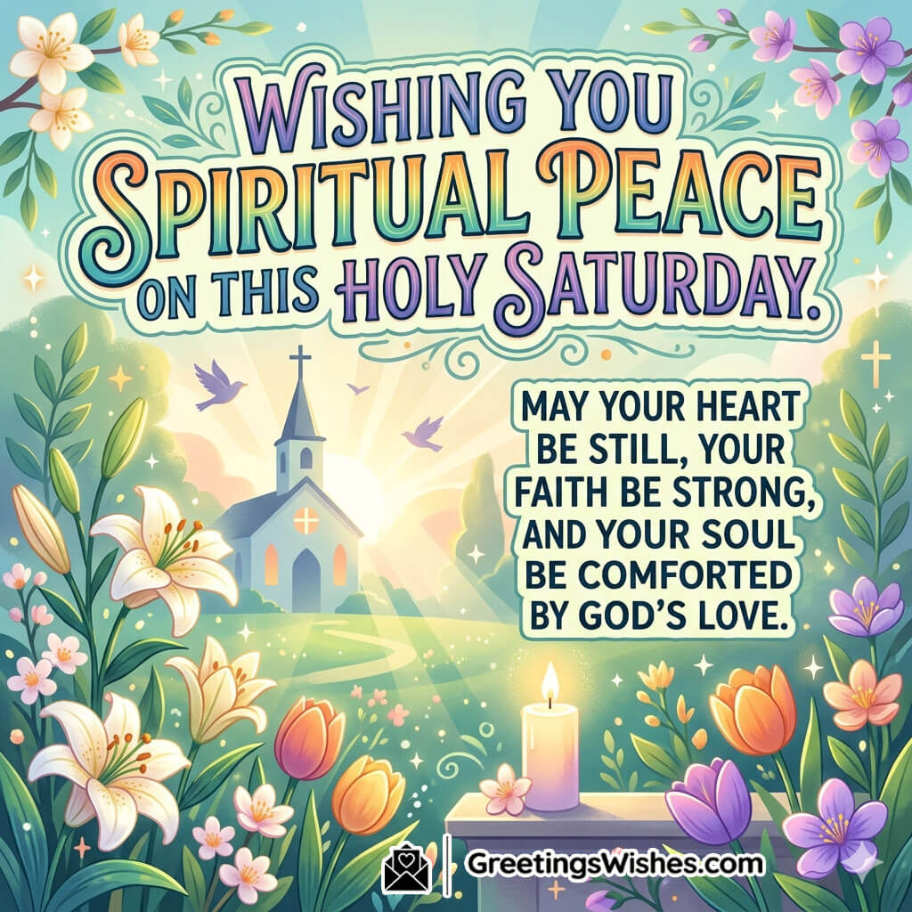 Holy Saturday spiritual peace image showing church, glowing candle, flowers, and calm sky symbolising serenity, faith, and soul comfort.