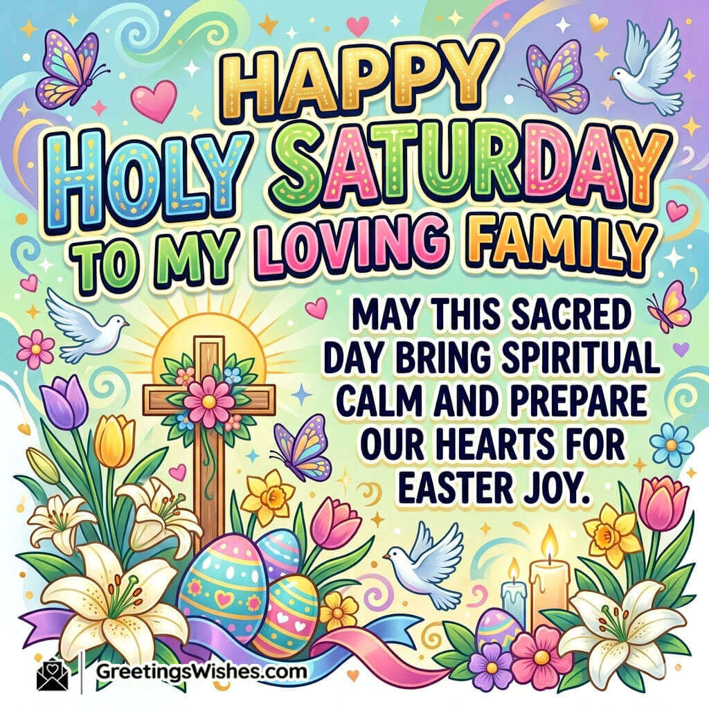 Holy Saturday family wishes image showing floral cross with Easter eggs, doves, and bright background symbolising love, unity, and joyful blessings.