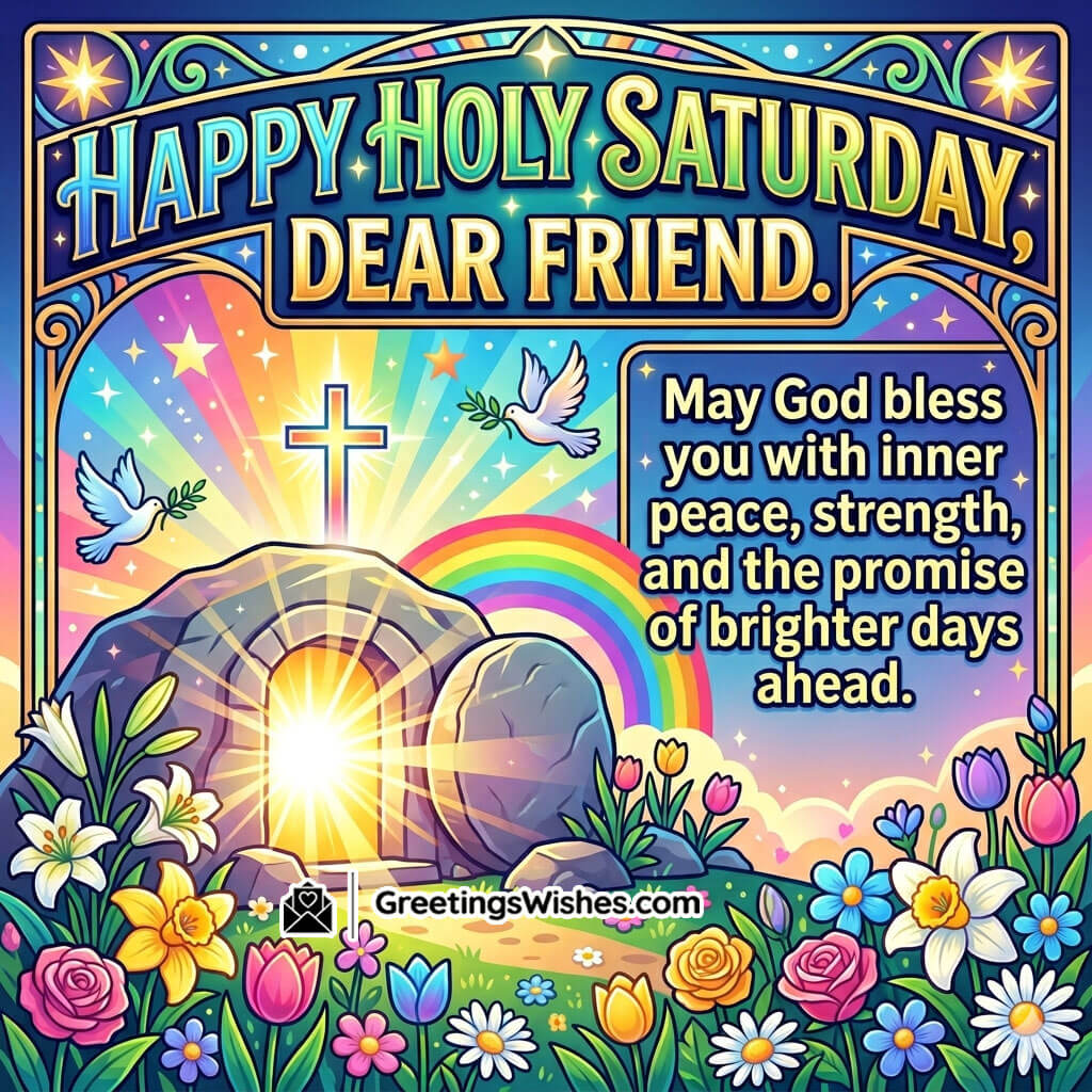 Holy Saturday friends wishes image featuring glowing empty tomb, rainbow, and flowers symbolising hope, friendship, and new beginnings.