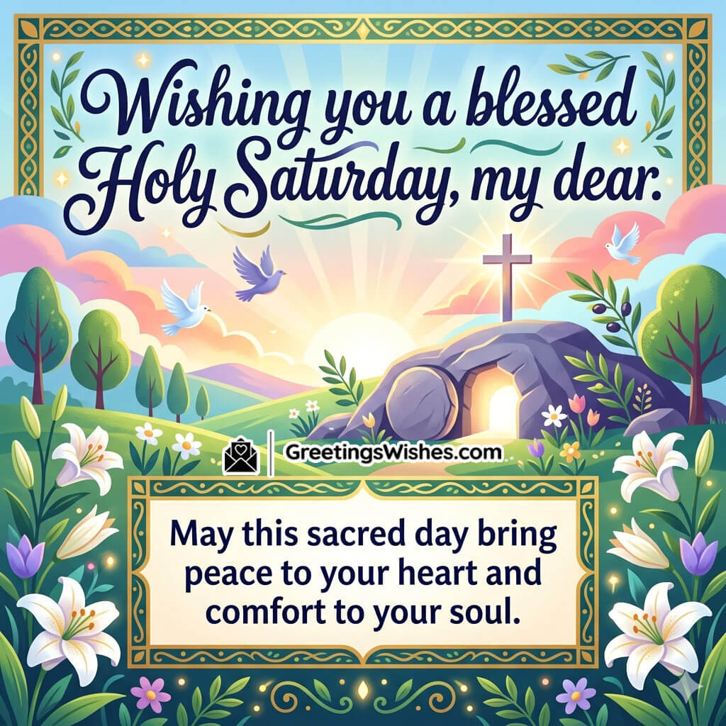 Holy Saturday loved ones wishes image showing peaceful sunrise, cross on hill, and blooming flowers symbolising love, comfort, and divine grace.