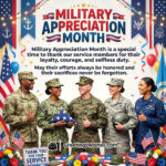 Honoring Heroes Military Appreciation Month Message Image featuring proud service members in uniform with national flags and decorations symbolizing courage, sacrifice, and dedication.