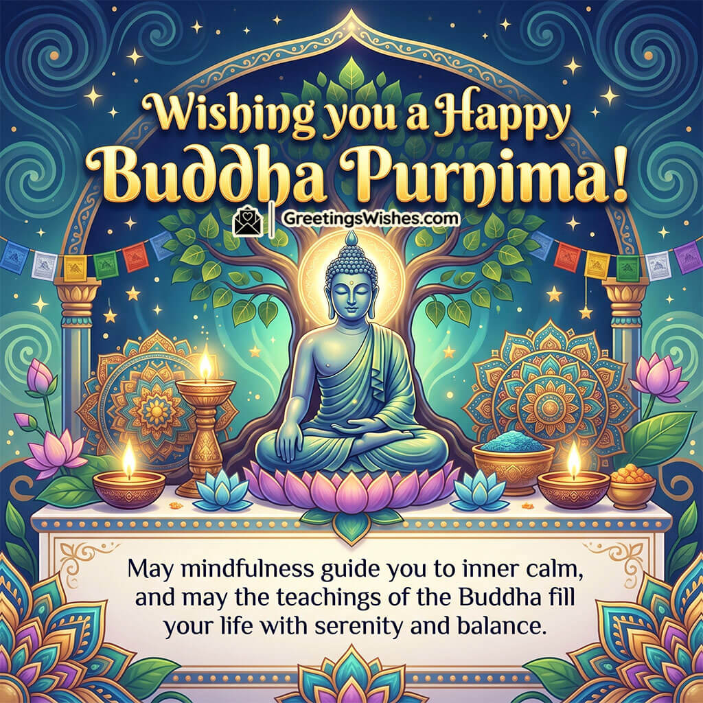 Inner Peace Buddha Purnima Calm Message Image featuring serene Buddha surrounded by mandala designs, candles, and peaceful night setting symbolizing mindfulness, balance, and inner tranquility.